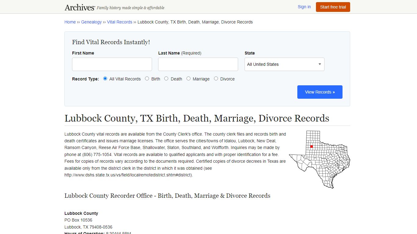 Lubbock County, TX Birth, Death, Marriage, Divorce Records